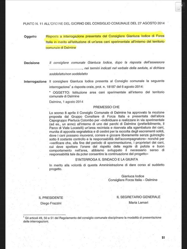 Punto 11: interrogazione di Iodice (Forza Italia) su un'area sperimentale per i cani #opendalmine http://t.co/jW6e1IHkst